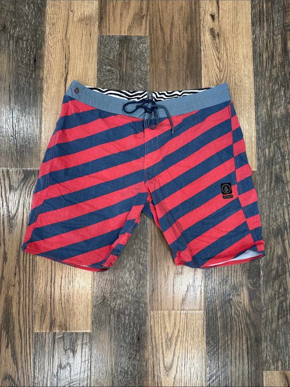 Volcom Red and Navy Diagonal Stripe Board Shorts